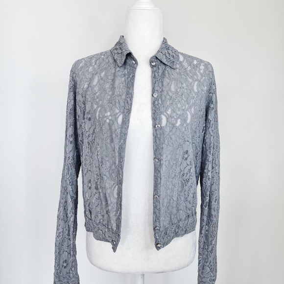 Hinge Gray Lace Jean Jacket Style with Crystal Buttons - Picture 6 of 16